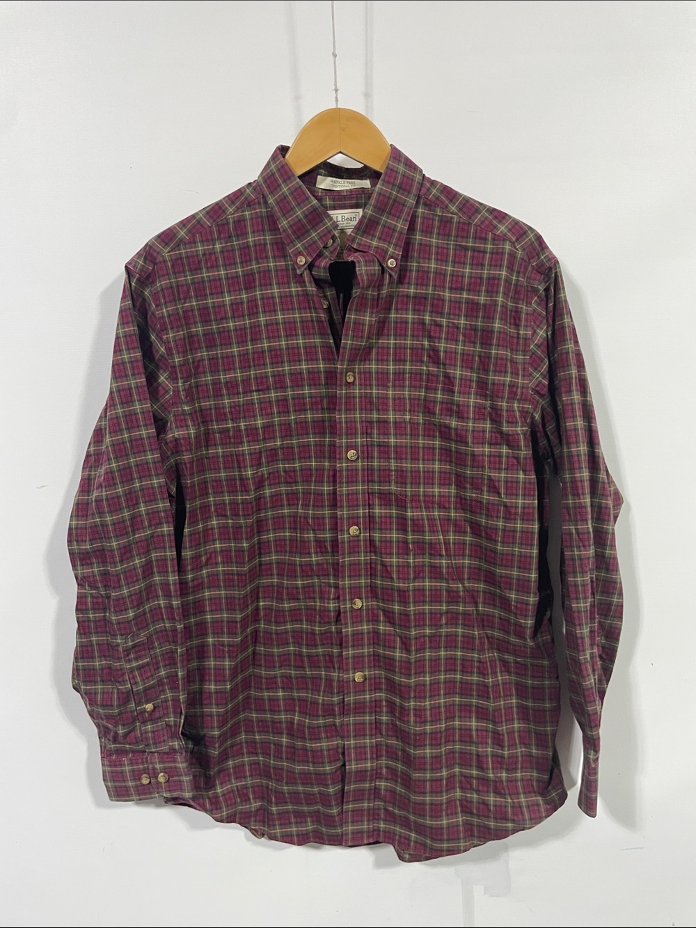L.L. Bean Men's Burgundy and Green Plaid Button-Down Shirt